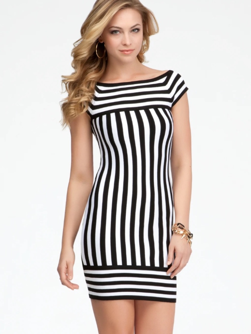 $130 NEW bebe black white contrast bodycon striped sweater stretchy top dress XS